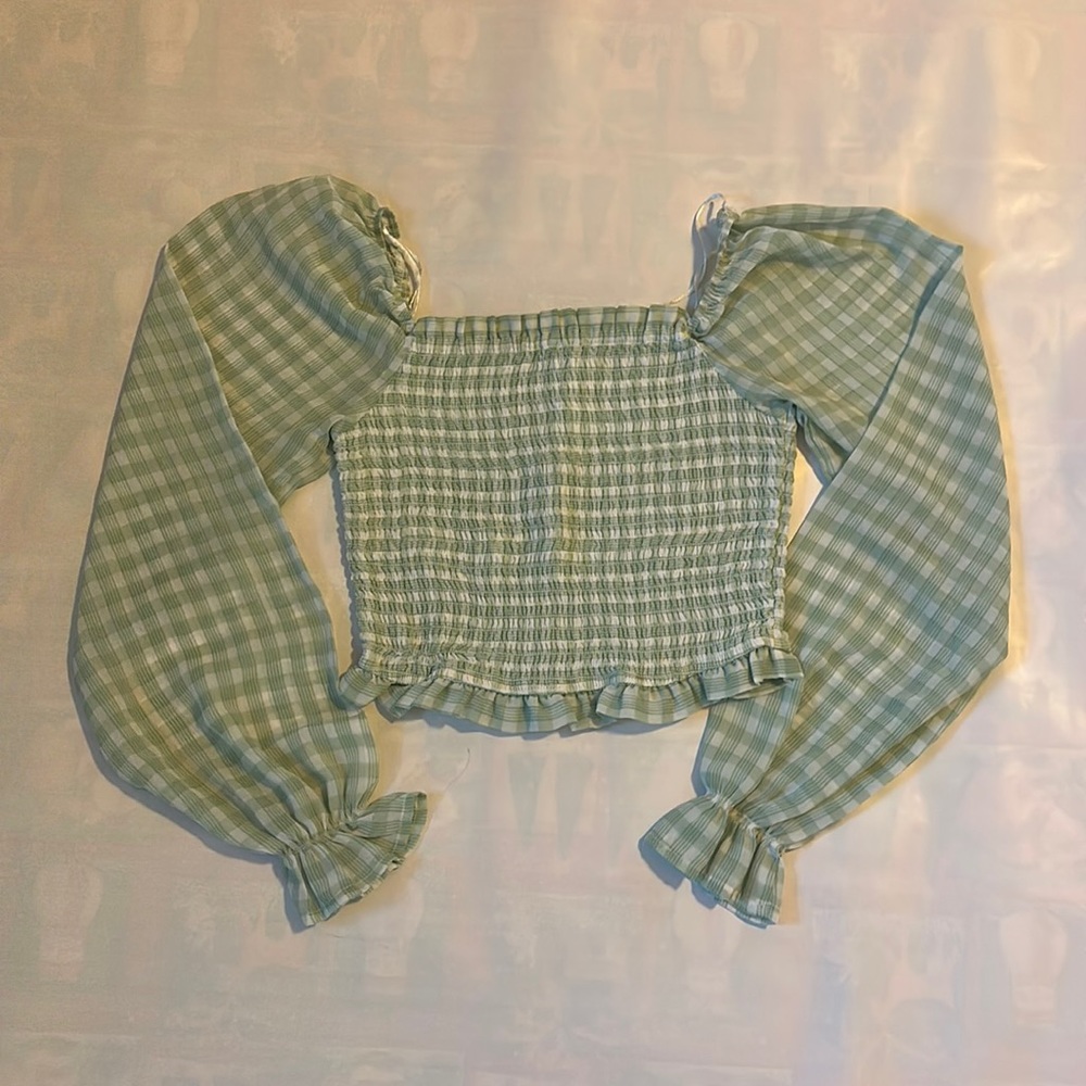 Light Green Gingham Pattern Cropped Top